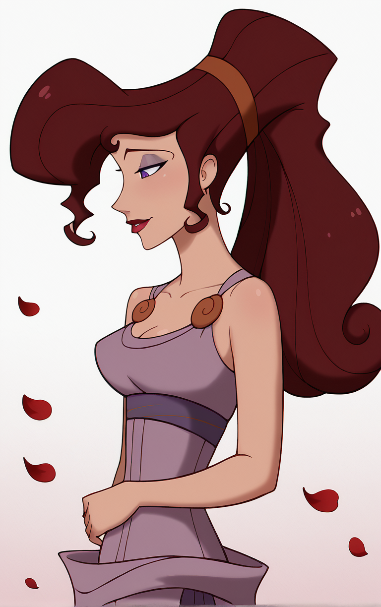 score_9, score_8_up, score_7_up, BREAK
MainOutfit_Megara_ownwaifu, 
1girl, big hair, breasts, curly hair, eyelashes, hair bun, high ponytail, long hair, makeup, narrow waist, purple eyes, purple eyeshadow, red hair, red hairband, red lips, lipstick, medium breasts, dark skin, dark-skinned female, hair over one eye, collarbone, 
purple dress, sleeveless dress, cleavage, clothes around waist, sleeveless, bare shoulders, long dress,
(contrapposto, from side, looking down, cowboy shot), falling petals, red petals, simple background, bokeh,  <lora:PONYXL_Hercules_Megara_ownwaifu:0.9>, solo,