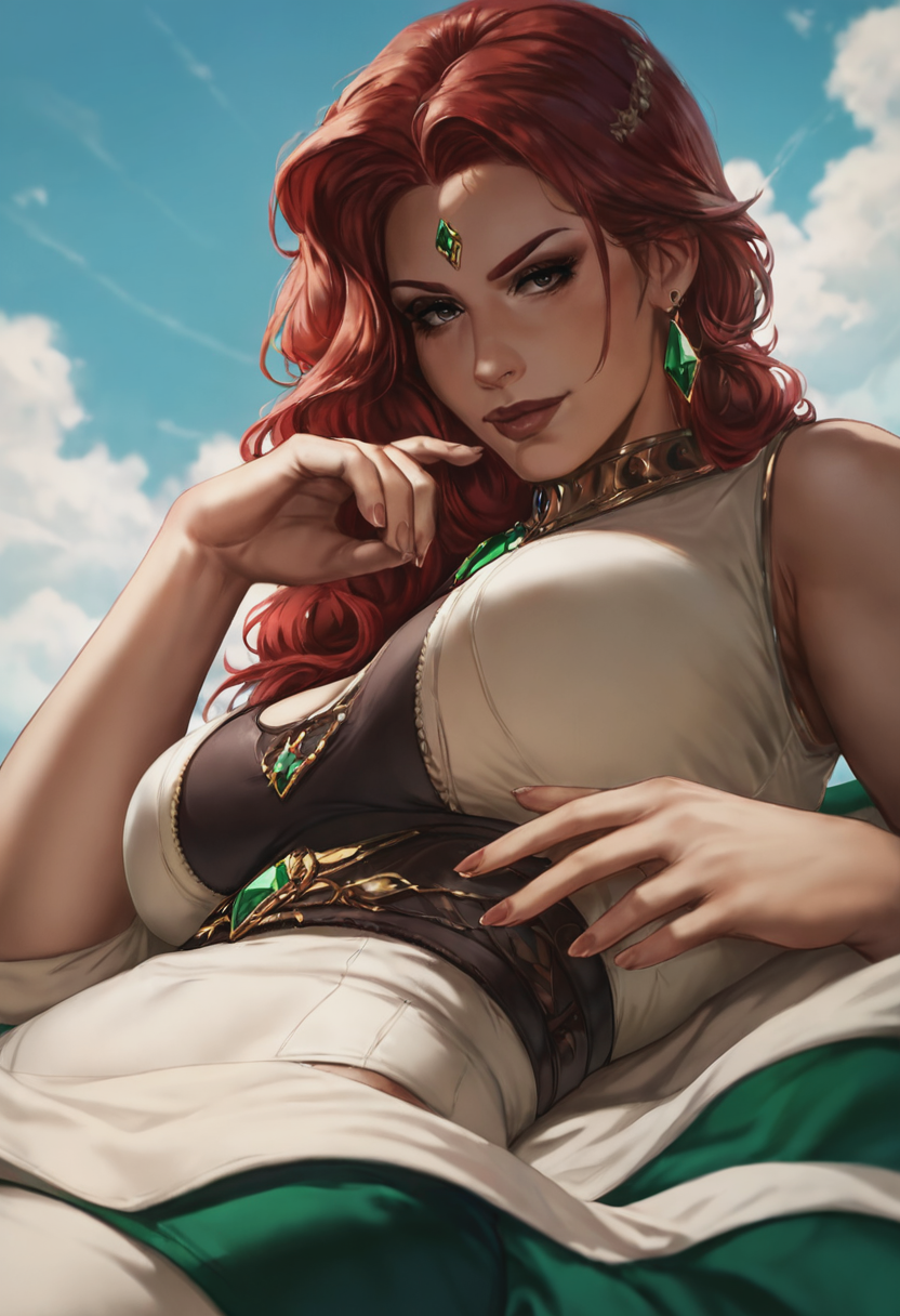 score_9, score_8_up, score_7_up, 1girl, mature_female, portrait, solo, Lying on the side, one hand under the head, from_below, (Emerald pant suit), Red hair, face, rating_safe, <lora:pony\artist_styles\dandon_fuga_pony:1.0>