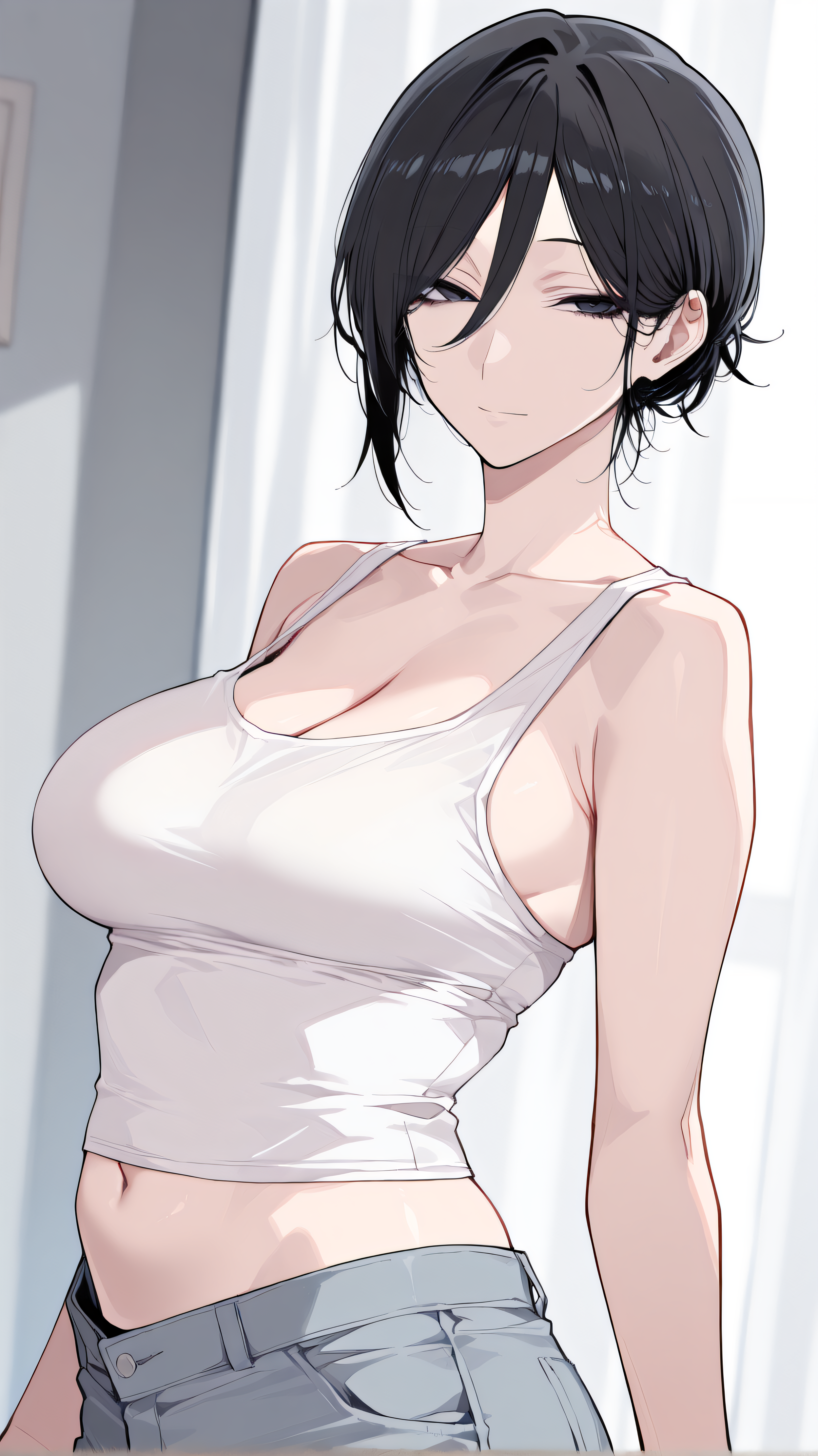 1girl, solo,beautiful detailed eyes, single hair bun, hair bun, short hair,  hair between eyes,black hair,black eyes, looking at viewer,,(medium breasts),



jeans, bare shoulders,white tank top,navel,
























masterpiece,best quality,amazing quality,highres, 



