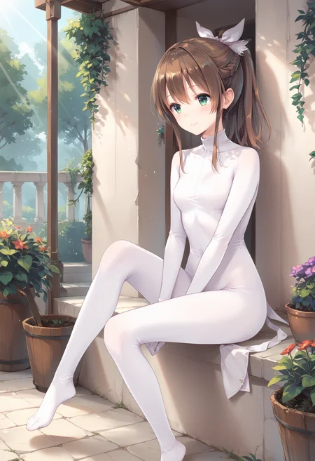 score_9, score_8_up, score_7_up, score_6_up, score_5_up, score_4_up,source_anime ,
bodystocking,white bodysuit,cowboy shot,
misaki,1girl,ponytail,hair ribbon,brown hair,green eyes,
light smile, outdoors,garden,sunlight,
sitting,knee up,no shoes,<lora:bodystocking2XLPony:1>,<lora:MisakiXLPony:0.8>