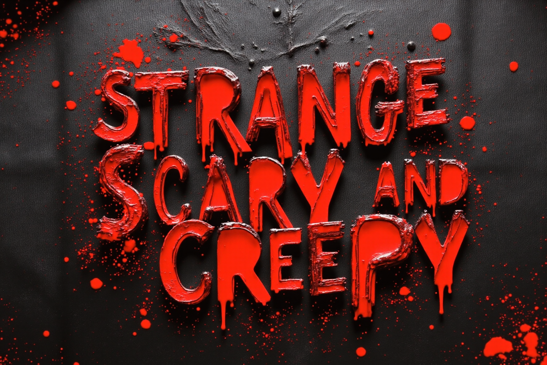 A dark, textured background resembling aged, cracked paper or distressed concrete, with subtle grunge elements and faint, eerie lighting variations. Slightly chaotic ink splatters and faded smudges give the impression of something old and mysterious, as if the poster has been decaying over time.
In the center, the dominant text "Strange, Scary, and Creepy" stands out in large, distressed, and slightly warped letters, as if they are trembling or being consumed by the darkness around them. The font appears rough and worn, with jagged edges and uneven strokes, enhancing the unsettling vibe. Some letters seem to melt or dissolve into the background, while others are slightly misaligned, reinforcing the eerie, chaotic composition. The color scheme is deep black, blood red, and muted grays, intensifying the ominous atmosphere.