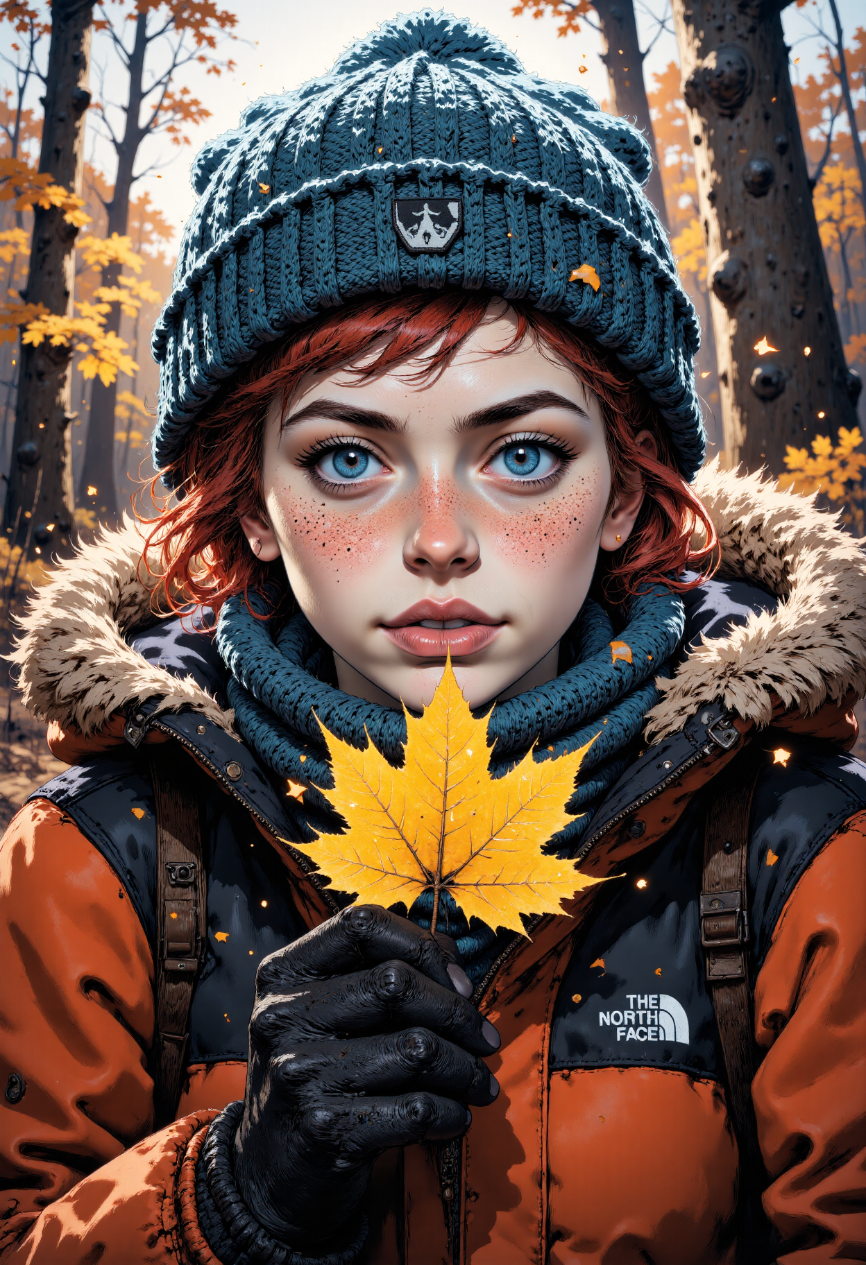 MysticComic, a young girl with piercing blue eyes and a wild mane of curly red hair stands in the foreground, her face framed by the intricate texture of a hand-knitted blue beanie. The soft focus of the camera captures the delicate freckles scattered across her cheeks, like a constellation of tiny stars. Her gaze is fixed intently on the camera, as if daring it to capture the full essence of her winter wonderland. Her gloved hand grasps a vibrant yellow leaf, its edges worn and curled, like a piece of aged parchment. The leaf's golden hue glows warmly against the muted tones of her winter jacket, a sturdy orange and black North Face parka with a fuzzy grey fur-lined hood. The girl's fingers wrap tightly around the leaf, as if holding onto a precious secret. The background is a blur of autumnal colors, a tapestry of gold, orange, and crimson, with the skeletal branches of trees etched against a blue winter sky. The light is soft and diffused, casting a warm glow over the scene, like the gentle warmth of a crackling fire on a cold winter's night. The camera angle is slightly low, as if looking up at the girl from a slight incline, emphasizing her towering presence amidst the autumnal landscape.<lora:CustomFlux/MysticComic-v2.safetensors:1.0:1.0>