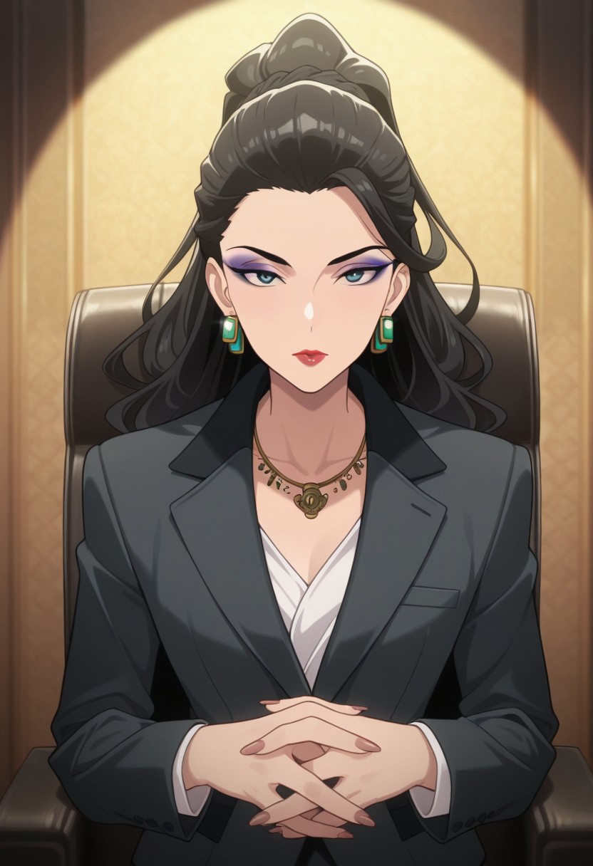 masterpiece,best quality,amazing quality, mishiro joumu, black hair, ponytail, long hair, greenish-blue eyes, 1girl, jewelry, earrings, solo, necklace, formal, makeup, hair pulled back, suit, looking at viewer, lipstick, own hands together, chair