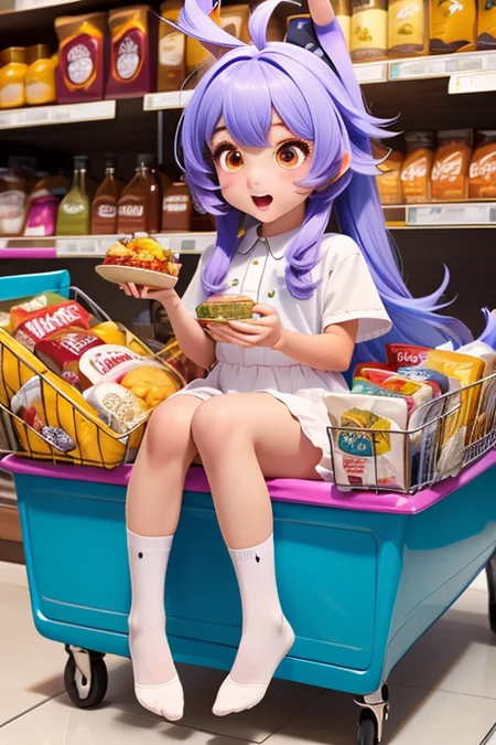 1girl, sttngshppngcrt, bangs, ahoge, alternate costume, food, white socks <lora:sitting_shopping_cart_00_01:0.80>
