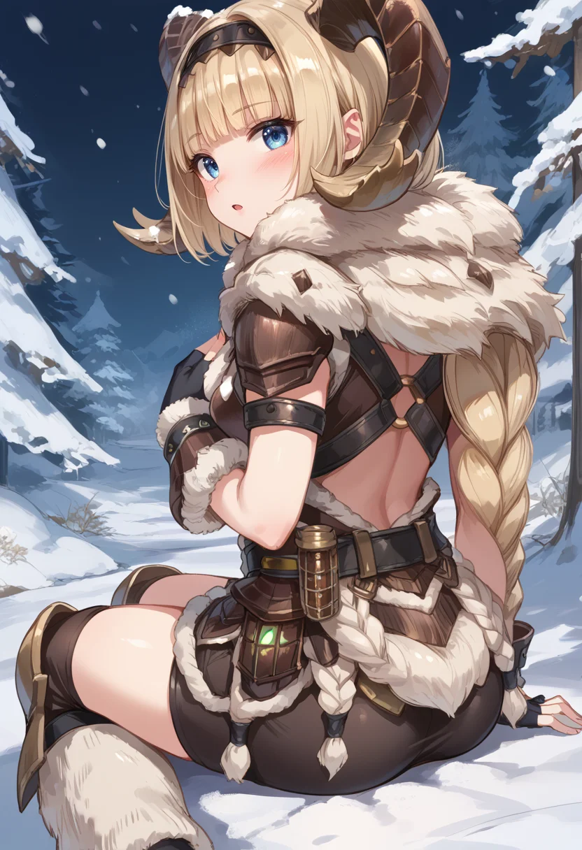 (score_9:0.9),score_8_up,score_7_up,rating_safe,anime style,(zPDXL),<lora:Banbaro beta armor ponyXL v1.2:0.77>,banbaro beta armor,1girl,solo,blue eyes,horn hairband,short hair,open mouth,looking at viewer,blonde hair,white knee boots,white fingerless gloves,:d,blunt bangs,snowing,blush,hand on own chest,sitting,looking back,from behind,