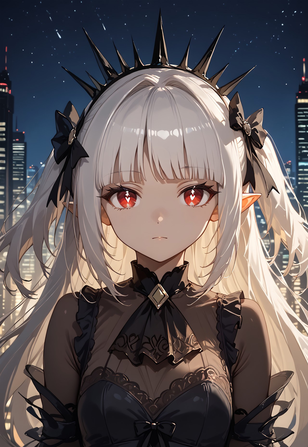 1girl, solo, solo focus, highres, absurdres, ABaoAQu, very long hair, red eyes, blunt bangs, white hair, two side up, black bow, pointy ears, hair bow, hairband, crown, tiara, white pupils,

looking at viewer, close-up, eye focus, portrait,

cityscape, neon lights, shade, night, night sky, dark, backlighting,
