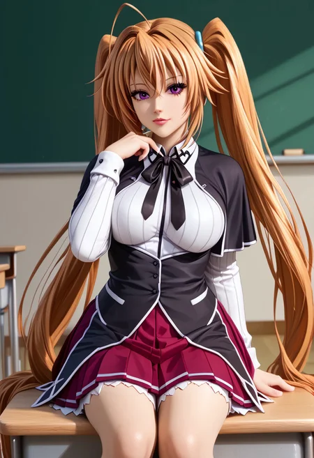 Masterpiece, best quality, high quality, highres, 4k, detailed face, anime style, Expressiveh, bmbplora,  irina shidou, long hair, brown hair, twintails, purple eyes, very long hair, ahoge, kuohacademy, school uniform, black capelet, white shirt, black ribbon, neck ribbon, long sleeves, corset, red skirt, pleated skirt, classroom,
