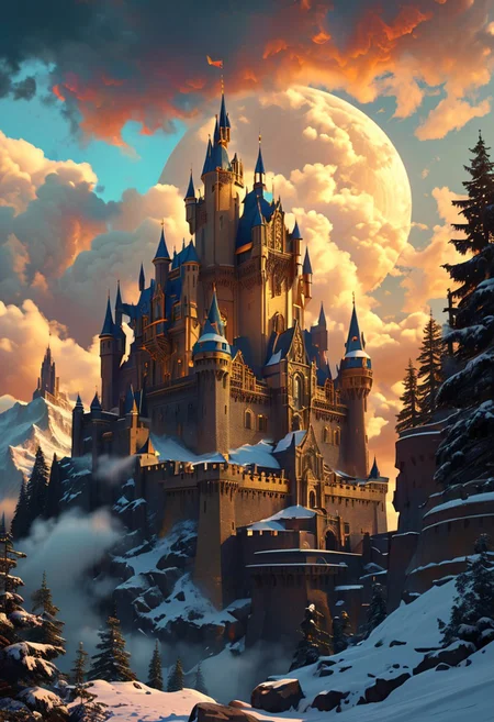 bright colorful, ultra fine detail, swirling clouds, Artstation trending, art nouveau, raytracing, highly detailed and intricate, golden ratio, dark gradient ink with intricate designs, hypermaximalist, luxury, elite, English castle, majestic, defended, snow, ephemeral, opalescenct, labradorite, cinematic, cgsociety : sunbleached, high definiton. mountain, night time, full moon