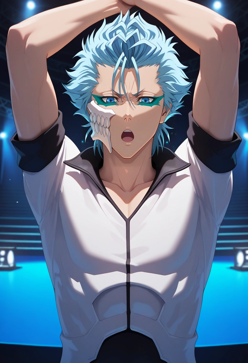 masterpiece, best quality, , (3d:0.4), , , 1boy, solo, male focus, <lora:grimmjow_jaegerjaquez_ilxl:0.98>, grimmjow_jaegerjaquez, blue hair, blue eyes, facial mark, arrancar, mask, short hair, close-up, concert, indoors, dark, arms above head, :o,