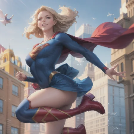 artgerm_lora, 1girl, supergirl_lora, masterpiece, detailed, flying, blue sky, <lora:supergirl_v2b:0.6>