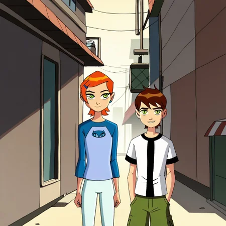 score_9, score_8, score_7, Break, ben_gwen10, (1boy, brown hair, green eyes), (1girl, orange hair, green eyes, raglan sleeves), alleyway, smile, v, natural lighting