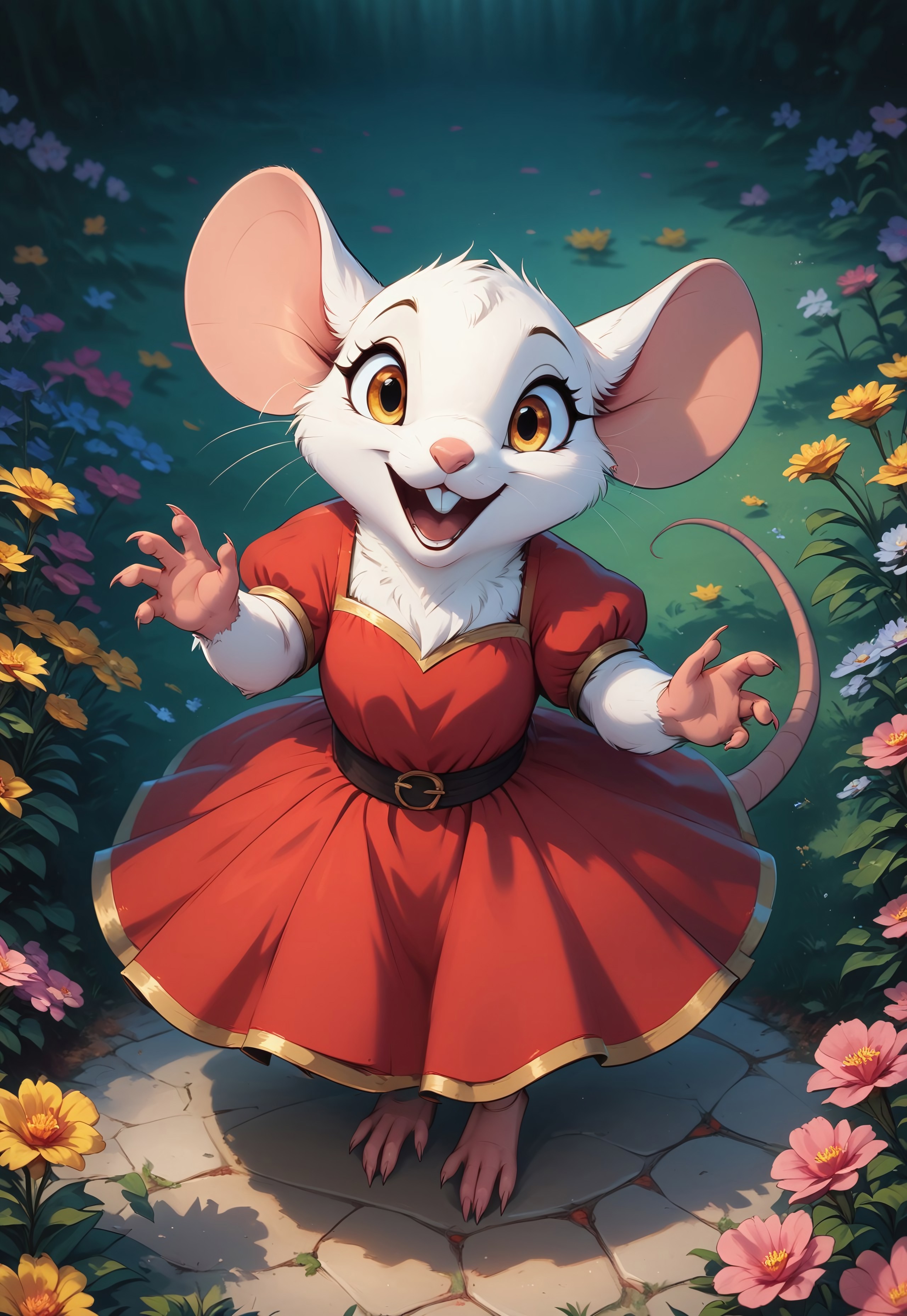 score_9, score_8_up, score_8, solo, (fluffy:0.8), (((mouse))), female, claws, (fluffy cheeks:0.7), j_cartoon, cute, (tall:0.5), (dress), digitigrade, expressive, joyful, white fur, golden eyes, red dress, (look at viewer), dynamic pose, dynamic, movement, (high angle view:1.5), flowers, head focus, close up,