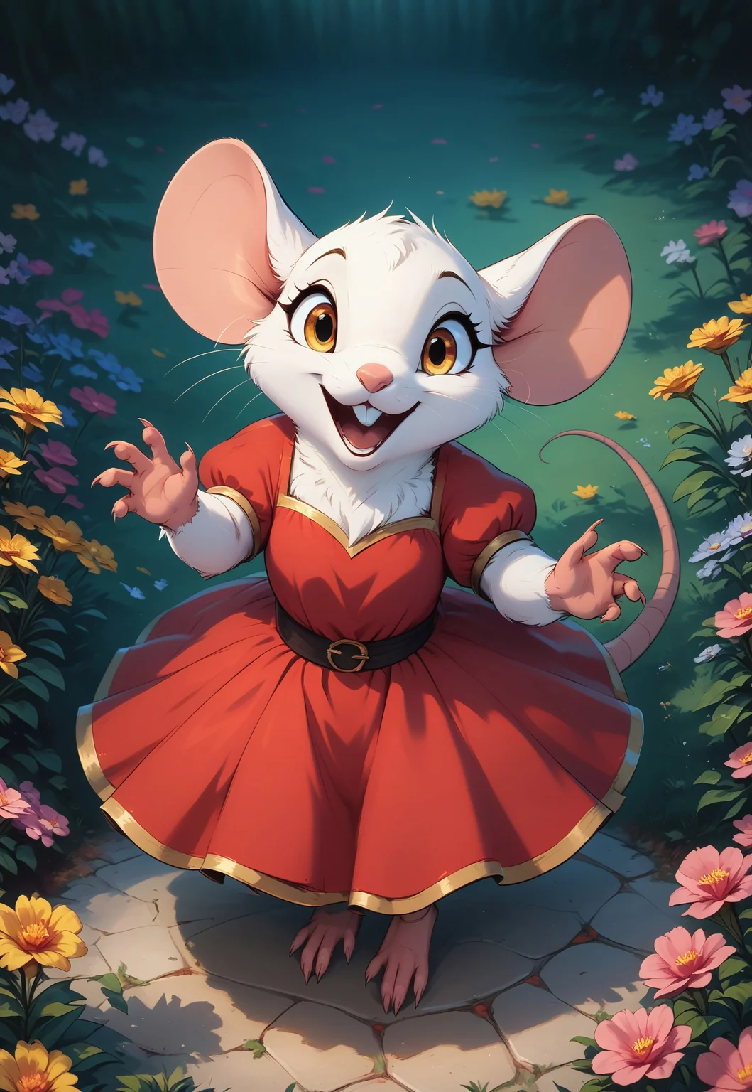 score_9, score_8_up, score_8, solo, (fluffy:0.8), (((mouse))), female, claws, (fluffy cheeks:0.7), j_cartoon, cute, (tall:0.5), (dress), digitigrade, expressive, joyful, white fur, golden eyes, red dress, (look at viewer), dynamic pose, dynamic, movement, (high angle view:1.5), flowers, head focus, close up,