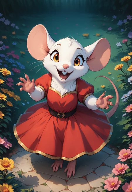 score_9, score_8_up, score_8, solo, (fluffy:0.8), (((mouse))), female, claws, (fluffy cheeks:0.7), j_cartoon, cute, (tall:0.5), (dress), digitigrade, expressive, joyful, white fur, golden eyes, red dress, (look at viewer), dynamic pose, dynamic, movement, (high angle view:1.5), flowers, head focus, close up,