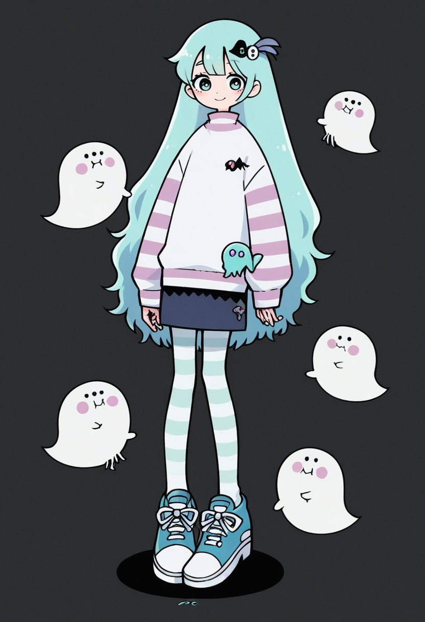score_9, score_8_up, score_7_up, score_6_up, score_5_up,  garouma, 1girl, long hair, ghost, striped, cat, aqua hair, smile, black background, long sleeves, aqua eyes, hair ornament, shoes, solo, pantyhose, very long hair, looking at viewer, standing, holding, blush, bangs,  <lora:garoumaXLP:1>