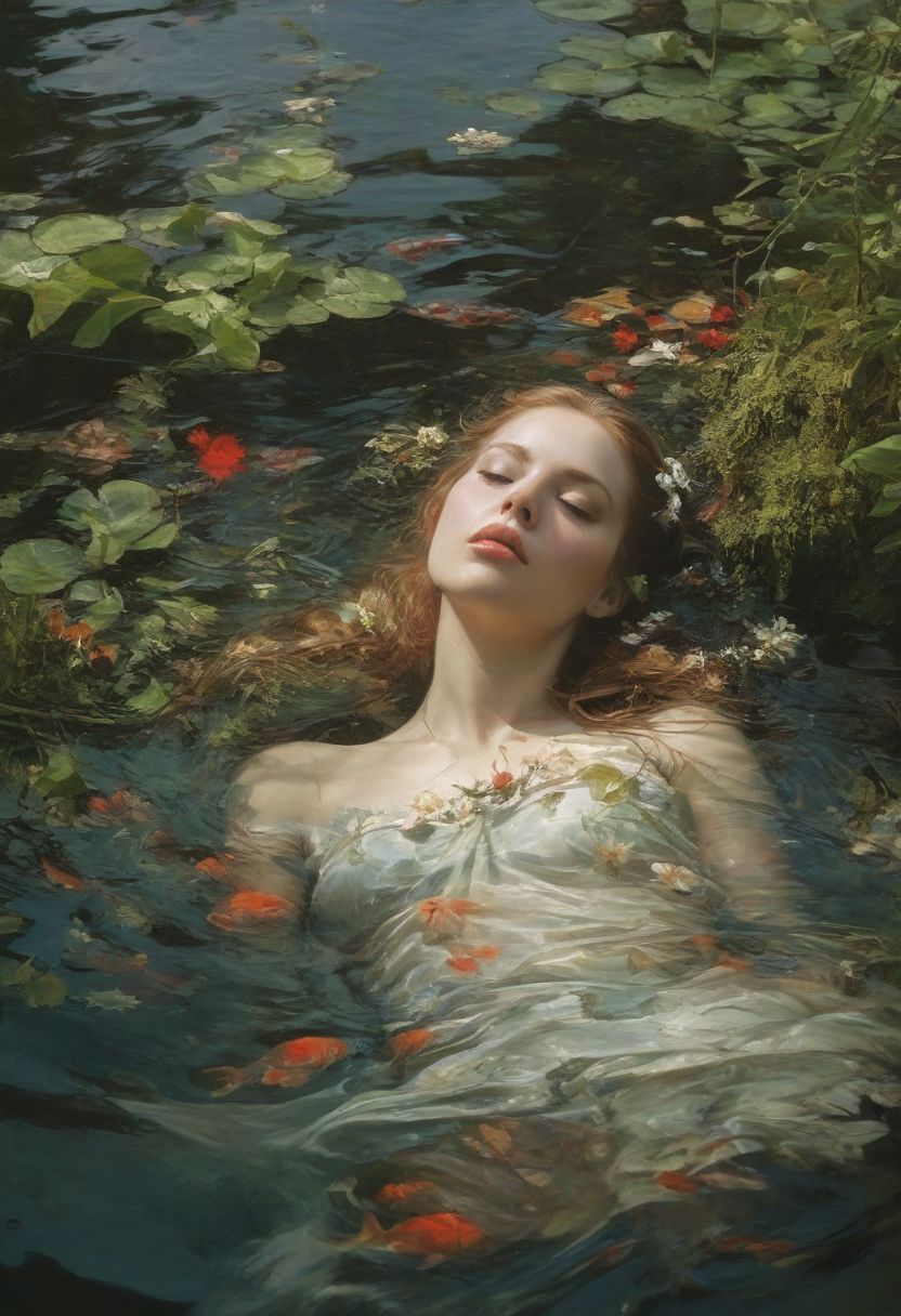 Ophelia's dream, Low saturation color photography, vintage, grunge, top light, masterful painting in the style of Anders Zorn | Marco Mazzoni | Yuri Ivanovich, Todd McFarlane, Aleksi Briclot, oil on canvas