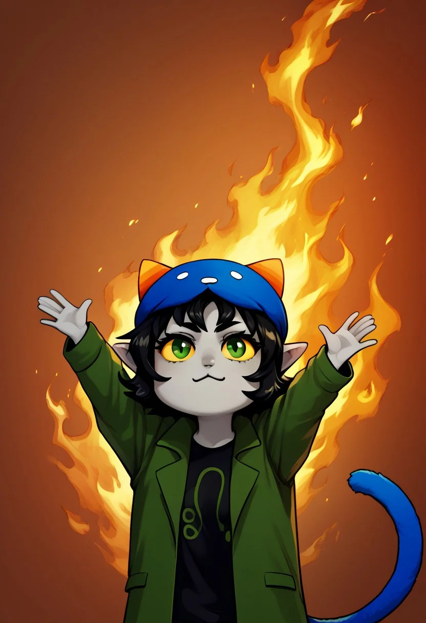 score_9, score_8_up, score_7_up, HD, best quality, masterpiece, detailed, EyeDetail, solo, 1girl, nepeta, black hair, wavy hair, short hair, horns, pointy ears, horns, yellow sclera, green eyes, grey skin, colored skin, Cat hat, cat tail, black shirt, green jacket, arms up, fire, outstretched arms, upper Body, burning, chibi