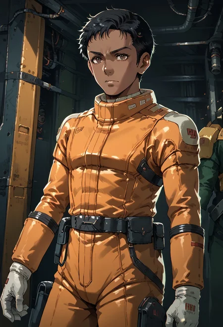 score_9, score_8_up, score_7_up, score_6_up, score_5_up, score_4_up, source_anime, kneeland_lesean, brown eyes, black hair, brown skin, fatigues, zgundam pilotsuit,