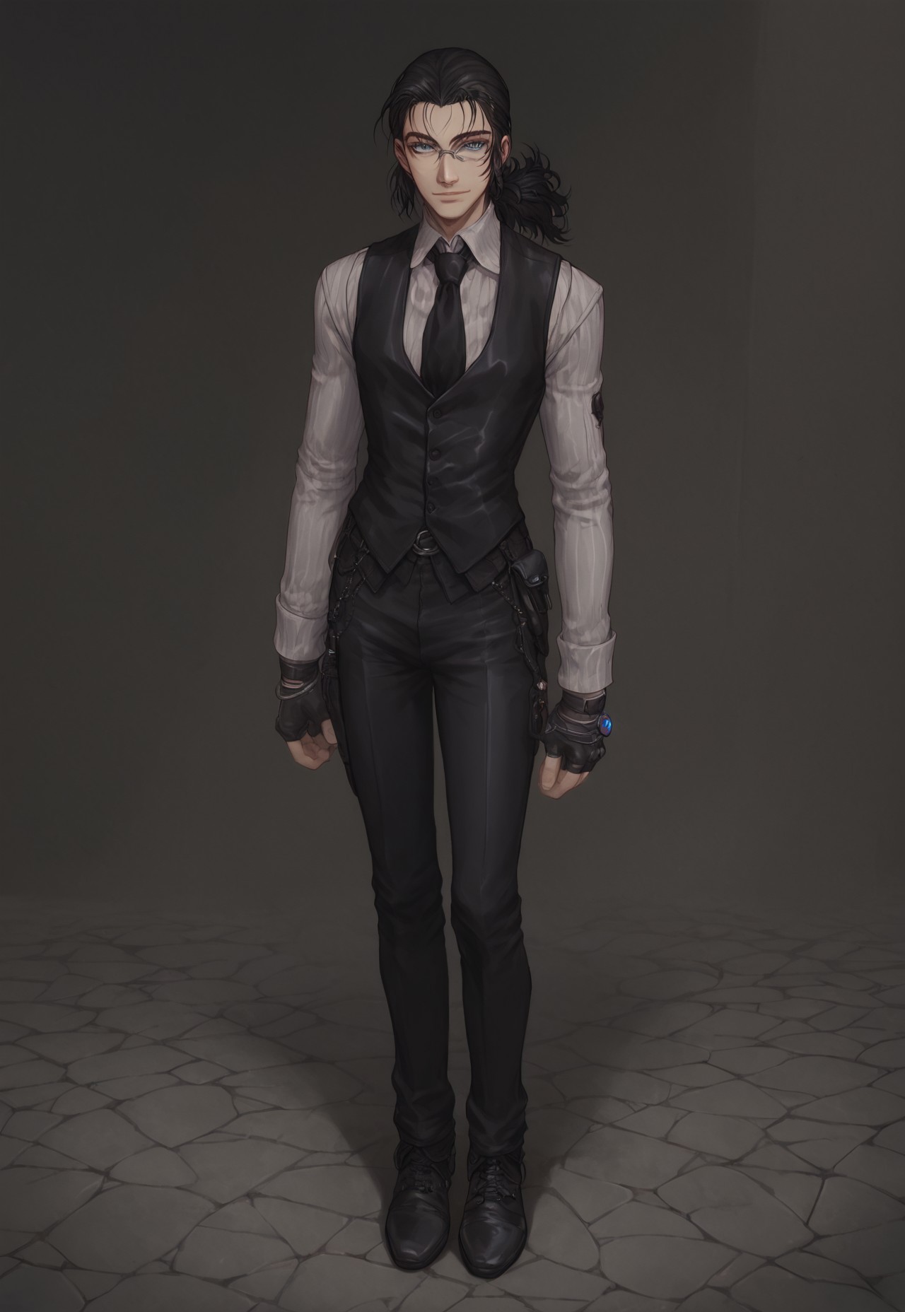 score_9, score_8_up, score_7_up, 1 boy, solo, DarkWalter, blue eyes, black hair, black tie, black vest, black pants, black shoes, black fingerless gloves, keychain, monocle, ponytail, full body, looking at viewer, gentle smile