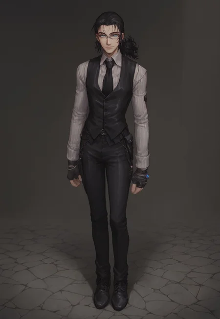 score_9, score_8_up, score_7_up, 1 boy, solo, DarkWalter, blue eyes, black hair, black tie, black vest, black pants, black shoes, black fingerless gloves, keychain, monocle, ponytail, full body, looking at viewer, gentle smile