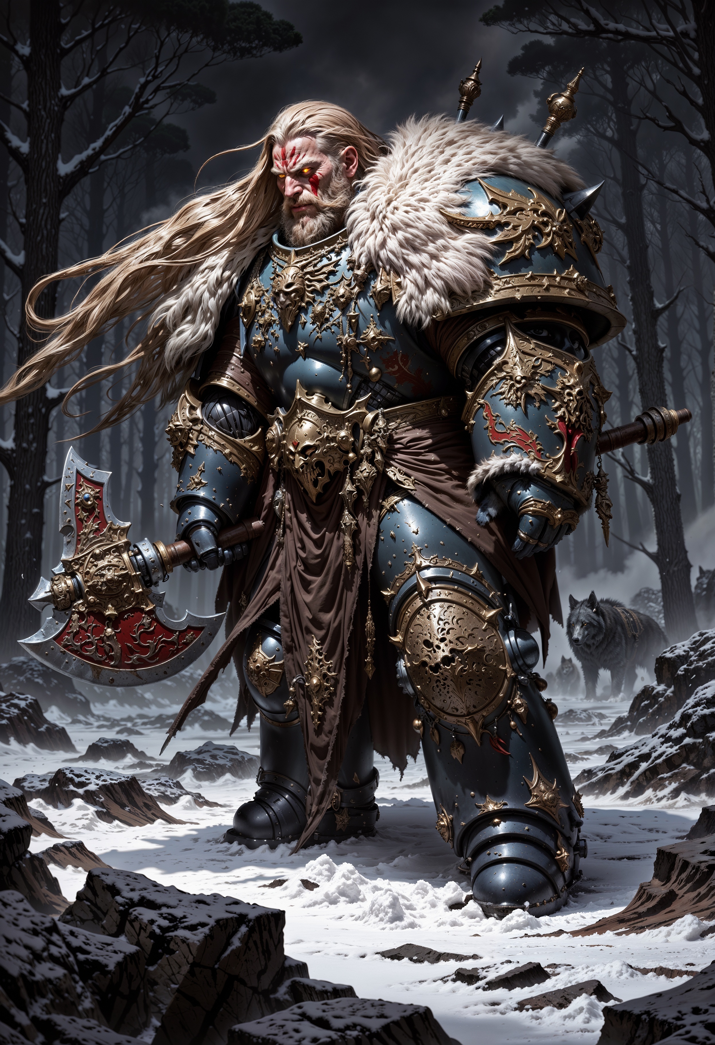 detailed renaissance oil painting, masterpiece, FredFraiStyle, a SpaceW40K Viking warrior in a cold forest setting. The composition is vertical, focusing on the subject who stands in profile. The SpaceW40K Viking has long, flowing blonde hair, and a beard. His skin is fair, and he wears intricately designed power armor with fur and pelts, featuring detailed patterns. His arms and face are marked with red war paint. he holds a large, ornate axe with a red and silver blade, resting it on his shoulder. The background is a dense snow forest with wolves, creating a mystical and adventurous atmosphere, directional lighting, masterpiece, perfect composition, perfect hands, cowboy shot, <lora:FluxSpaceW40K:0.9> <lora:FluxMythP0rtr4itStyle:0.6> mythp0rt,  <lora:dark_fantasy_flux:1> <lora:FredFraiStyle-FLUX-Share:1>