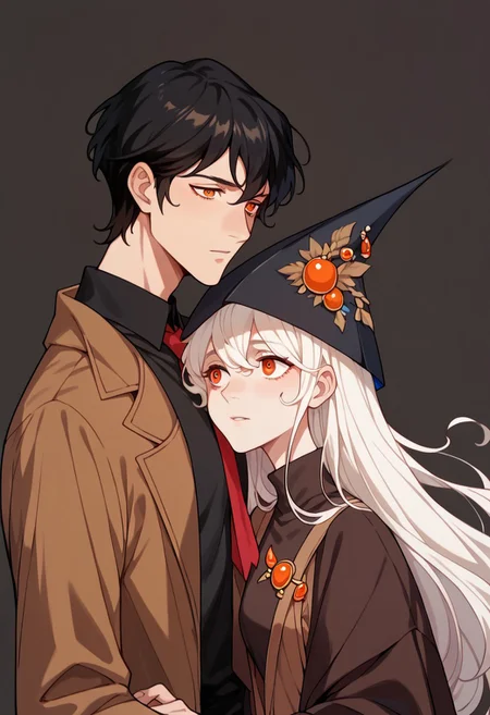 score_9, score_8_up, score_7_up, score_6_up, score_5_up, couple, man with brown suit, red tie, black shirt, black hat with ornaments, bangs, black hair, orange eyes, she with brown sweatshirt, black shirt, long white hair, red eyes