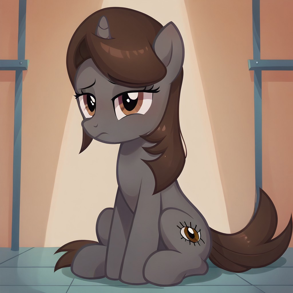 masterpiece, perfect detail, best high quality, source_pony, show accurate, cute, 1girl, solo, female, oc:sonata, pony, no light, prison, imprisoned, behind bars, sitting, frown, dejected frown, sad, lidded eyes, beautiful, looking down at floor, score_9, score_8_up, score_7_up, score_6_up, score_5_up, score_4_up