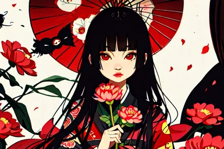 enma ai, hair down, hair black, bangs, eyes red, masterpiece, best quality, ultra-detailed, illustration, 1girl, solo, highres, photorealistic, ultra high res, (Original illustration composition), (fusion of limited color, Maximalism artstyle, kimono obi fashion, double exposure, background, illustration, Amazing, lily spider, night darkness, open one's mouth, flowers red, (polychromatic peony:1.15), Movie poster,