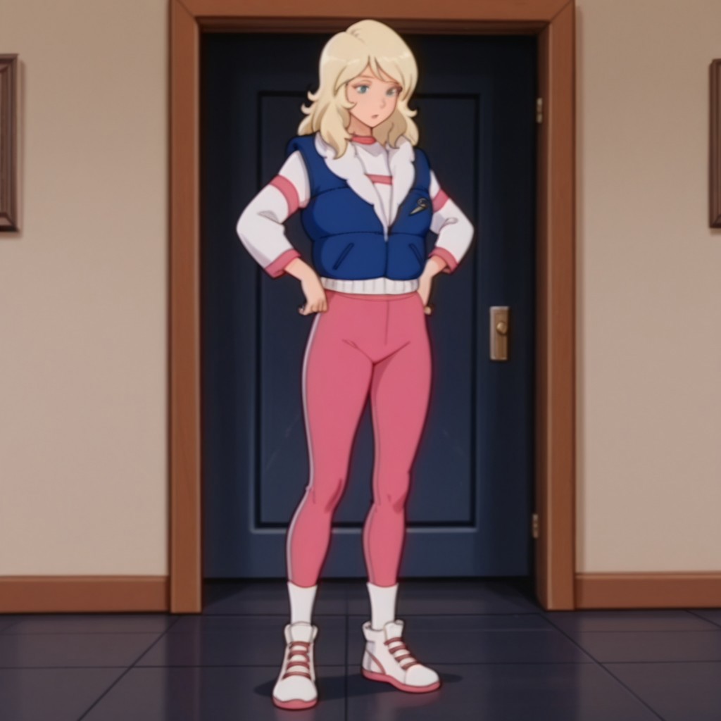 masterpiece, best quality, amazing quality, SarahDSil, human, female, blonde hair, blue eyes, white shirt, long sleeves, pink stripes, pink pants, white socks, white sneakers, pink trim,inside, solo, standing, hands on hips, blue vest, white fur trim