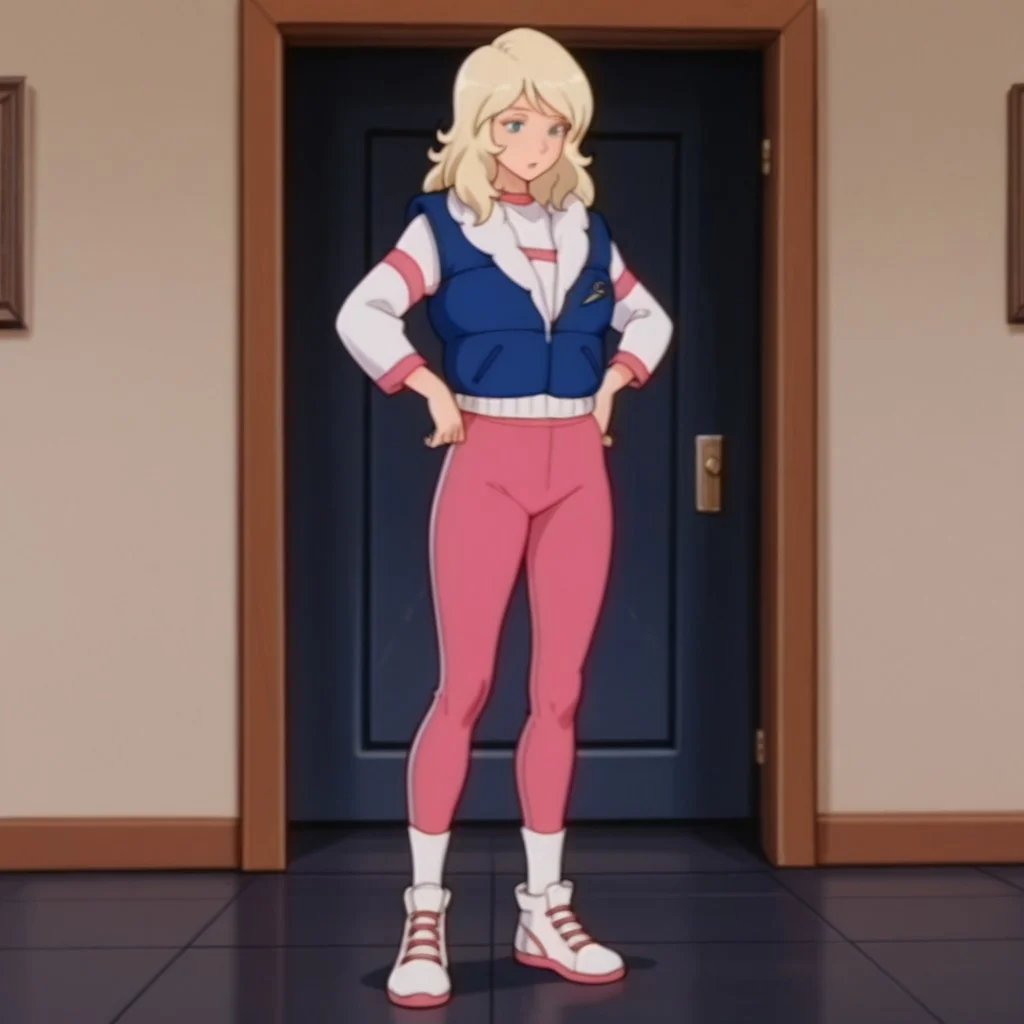 masterpiece, best quality, amazing quality, SarahDSil, human, female, blonde hair, blue eyes, white shirt, long sleeves, pink stripes, pink pants, white socks, white sneakers, pink trim,inside, solo, standing, hands on hips, blue vest, white fur trim