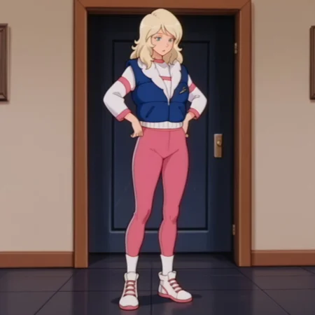 masterpiece, best quality, amazing quality, SarahDSil, human, female, blonde hair, blue eyes, white shirt, long sleeves, pink stripes, pink pants, white socks, white sneakers, pink trim,inside, solo, standing, hands on hips, blue vest, white fur trim