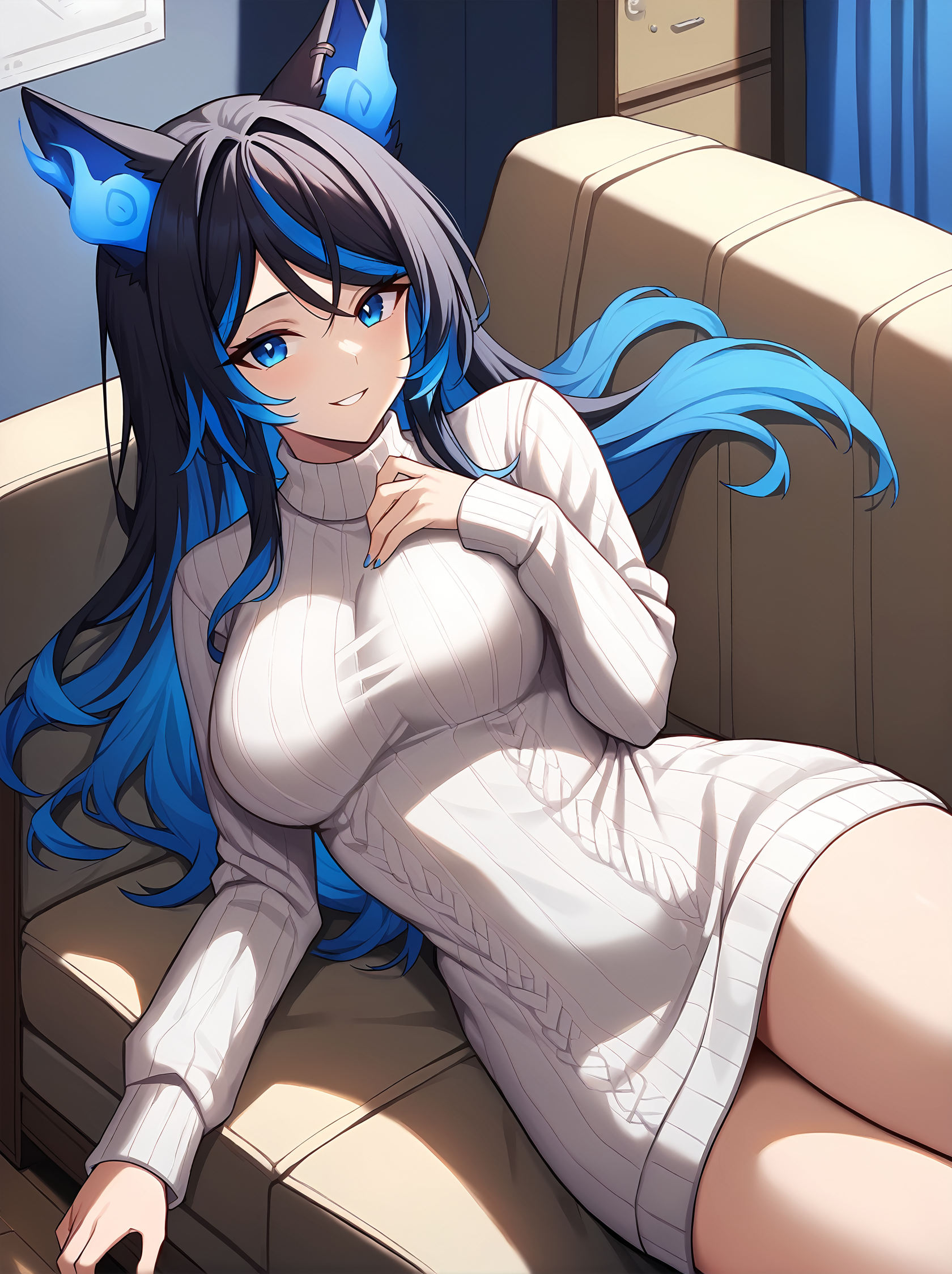 score_9,
<lora:sinder_v1_pruned:1>, sinderblue, 
1girl, solo, 
sweater dress, 
smile, on couch, lying, 
indoors,
high resolution, Masterpiece, detailed