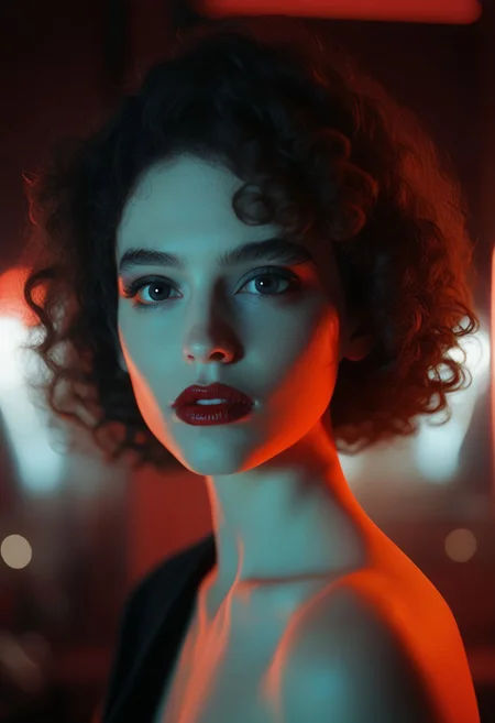 score_9, score_8_up, score_7_up, score_6_up, cinematic, cinema shot, film grain, depth of field, 1girl, solo, black hair, curly hair, looking at viewer, short hair, lips, parted lips, lipstick, makeup, blurry, red lips, portrait, black eyes, realistic, boke, (dark:1.2)
