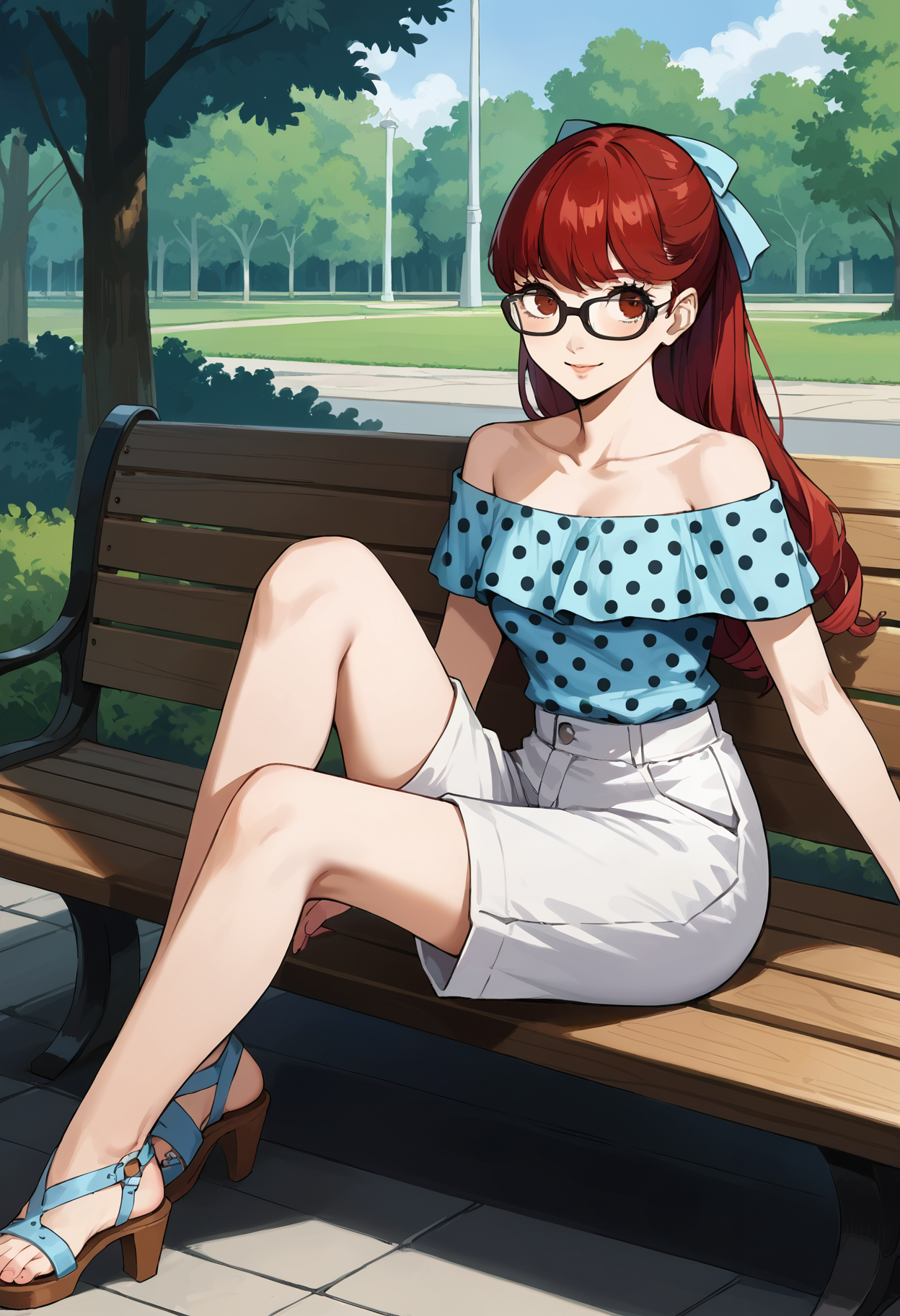 score_9, score_8_up, source_anime
1 girl, solo, cute face,
p5yoshizawa, long hair, red hair, bangs, hair down, glasses, black framed eyewear,
p5yoshizawa-sumcas, light blue shirt, off shoulder shirt, polka dot shirt, collarbone, shorts, wide leg shorts, (white shorts), light blue sandals, sleeveless, strapless,
park, bench, sitting, looking at viewer, smile,
masterpiece, best quality, ultra detailed,