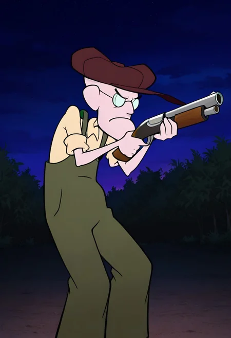masterpiece, best quality, absurdres, anime screenshot, 1boy, male focus, solo, outdoors, night, Eustace, Bagge, Green overalls, yellow shirt, hat, glasses, grumpy expression, holding shotgun, aiming, double barrel shotgun,