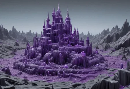 slime-morph, sl1m3d, Gothic Castle made of purple slime, on a gray rocky outcropping