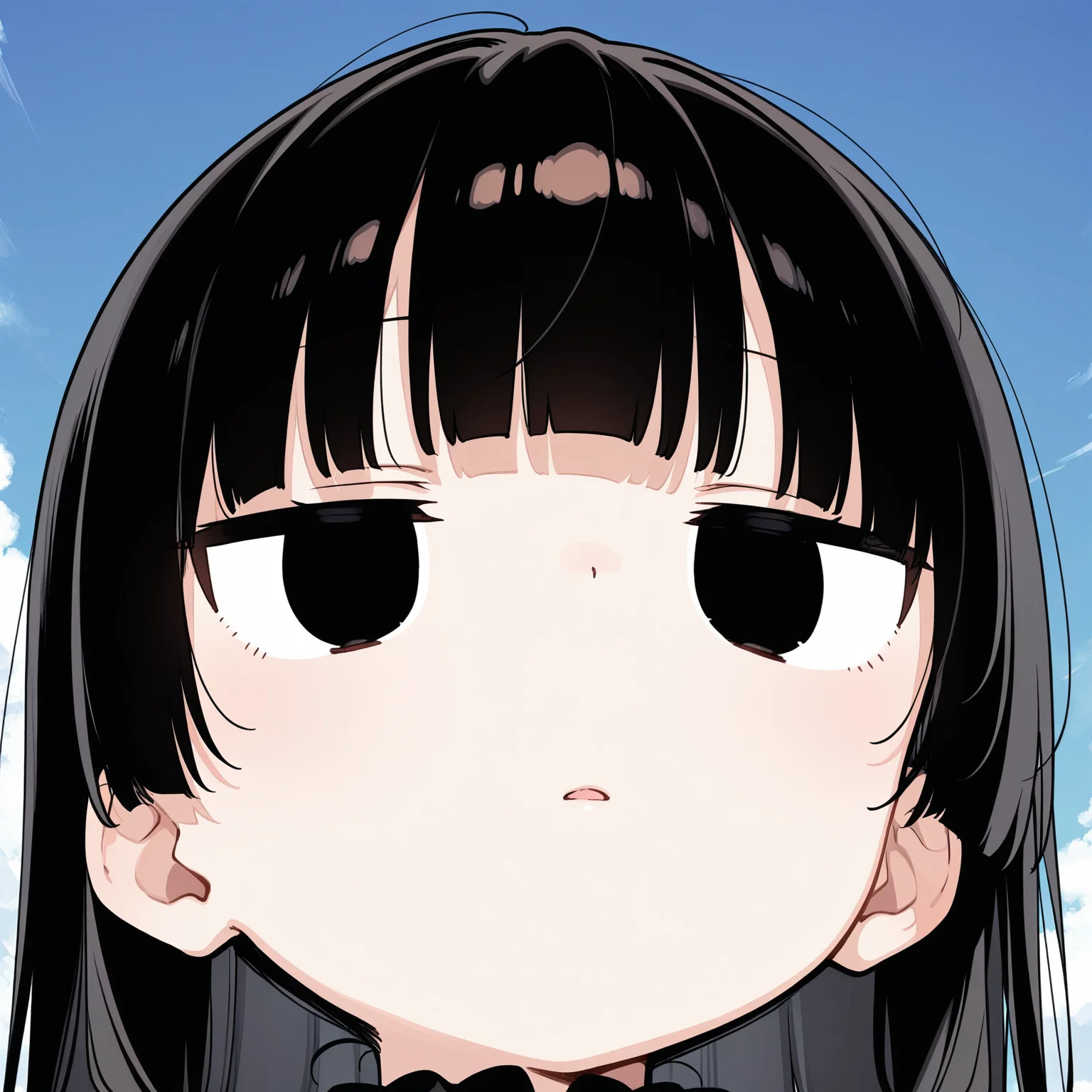 1girl, bangs, black bow, black eyes, black hair, blush, bow, bowtie, breasts, eyebrows visible through hair, long hair, long sleeves, looking at viewer, parted lips, solo, sweat, upper body, jitome <lora:sanpaku_v1:1>