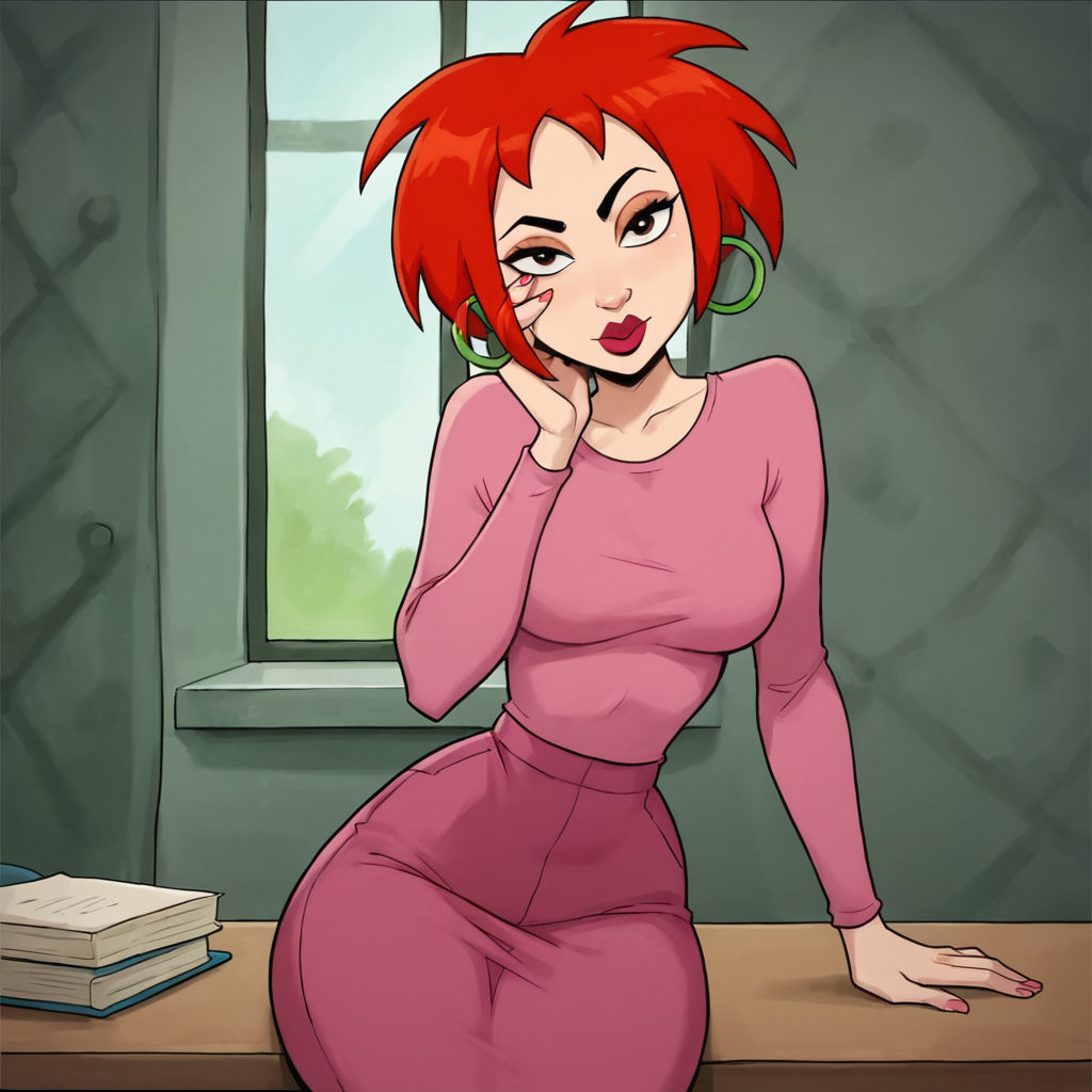 score_9, score_8_up, score_7_up, score_6_up, score_5_up, score_4_up, 1girl, red hair, short hair, hoop earrings, makeup, medium breasts, narrow waist, wide hips, looking at viewer, sitting, desk, hand on own face, highres, high quality, masterpiece, <lora:Laura_Dr_Katz:1>