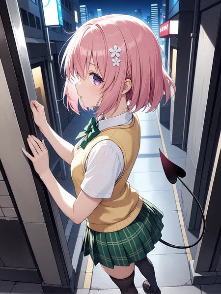 masterpiece,best quality,newest,1girl,solo,
<lora:momo_ilxl_v1.8:1>,momo,pink hair,purple eyes,short hair,h_o,hair ornaments,
m_clothes,short sleeve blouse,yellow vest,green bowtie,green plaid skirt,demon tail,black_thighhighs,loafers,
<lora:Fixhands_anime_bdsqlsz_V1:1>,profile,looking_at_viewer,from_above,from_side,city,street,night,