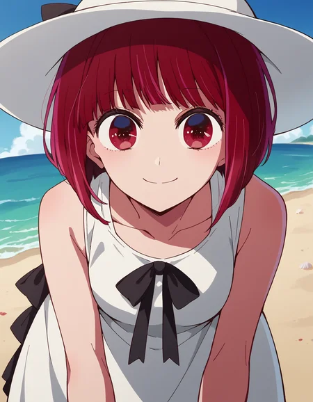 score_9, score_8_up, score_7_up, source_anime,
kanaarima, <lora:kana-arima-s1-ponyxl-lora-nochekaiser:1>,
kana arima, short hair, bangs, red eyes, red hair, bob cut, smile,
hat, dress, ribbon, sleeveless, white dress, sleeveless dress, white headwear, sun hat, sundress,
beach, bent over, smile,
looking at viewer, cowboy shot, dutch angle, solo,