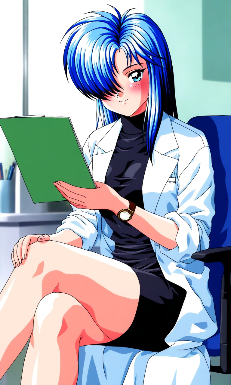 general,highres, ultra-detailed,very aesthetic,best quality ,best hands, BREAK  <lora:Himoo_Yuina_Tokimeki_Memorial_IS:1>
Himoo_Yuina(Tokimeki_Memorial), 1girl, solo, blue hair, hair over one eye, blue eyes, long hair, breasts, blush, smile,
lab coat, sitting, crossed legs, skirt, pencil skirt,  watch, turtleneck,
 miniskirt, smile, wristwatch, long sleeves, sleeves rolled up