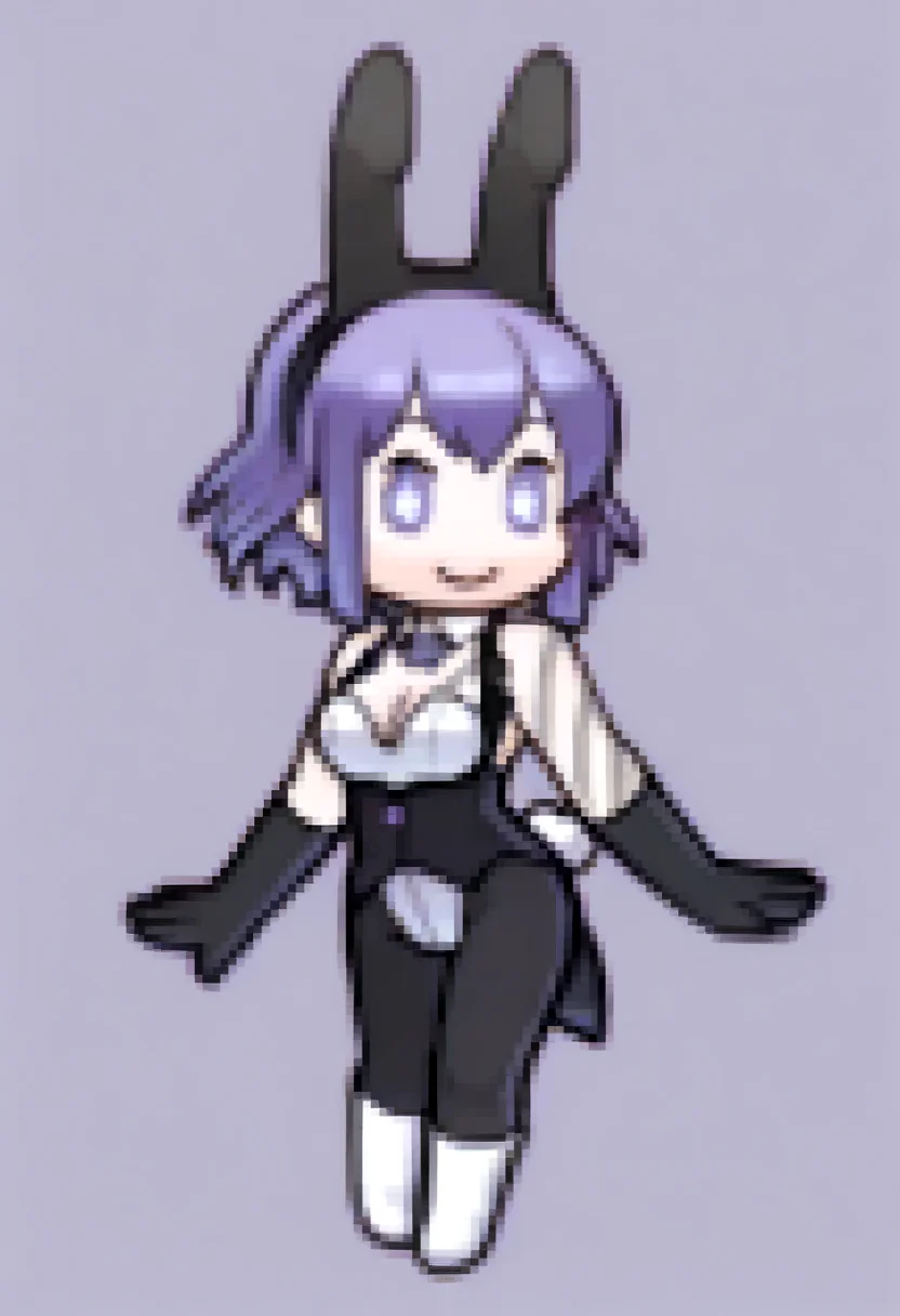 masterpiece, best quality, solo, 1girl, smile, <lora:Feh-Sprites-illus_Fp:1>, chibi, full body, simple background, <lora:Tico-illus_Fp:1>, ticodesu2, purple hair, purple eyes, star-shaped pupils, short hair, playboy bunny, rabbit ears, rabbit tail, black pantyhose, tattoo, detached collar, cleavage, sleeveless, black gloves