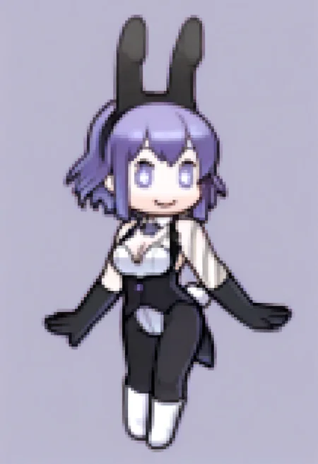 masterpiece, best quality, solo, 1girl, smile, <lora:Feh-Sprites-illus_Fp:1>, chibi, full body, simple background, <lora:Tico-illus_Fp:1>, ticodesu2, purple hair, purple eyes, star-shaped pupils, short hair, playboy bunny, rabbit ears, rabbit tail, black pantyhose, tattoo, detached collar, cleavage, sleeveless, black gloves