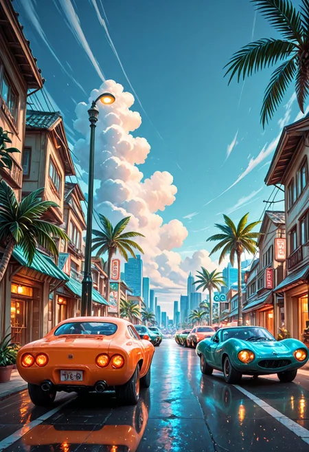 SmoothNoob_Quality, 1980s \(style\), no humans, HDR, tropical, palm trees, city, landscape, summer, very intricate, very detailed, sharp, bright, colorful, cars street, lamppost, <lora:Smooth_Booster:0.5>āāā