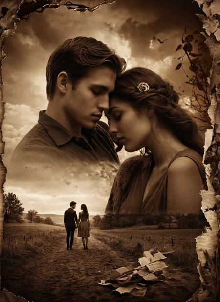 an old photo in sepia tone, torn in half, showing a young couple in love, atmospheric solitude and melancholy of love lost, adorned with moody hues and poignant symbols, under dramatic edge lighting, dynamic composition, intricate details, trending on artstation, masterpiece, 8k <lora:add-detail-xl:2>