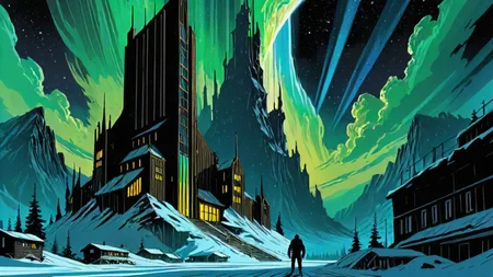 building, <lora:DonMWr41thXL:0.4>, shadow aura, DonMWr41thXL, art by Al Williamson, architecture of a Aurora Borealis, Comic book art, dynamic compositions, sci-fi, creative, ultrasharp, magical atmosphere, professional fine composition, imposing, dynamic composition, dynamic, deep rich colors, atmosphere, professional creative, ambient atmosphere, confident