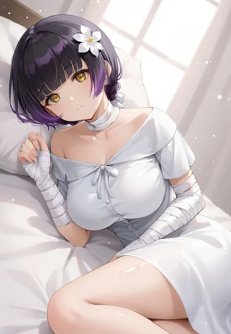 MachlianDef, hair ornament, hair flower, large breasts, white dress, bandaged neck, black hair, bangs, bandaged arm, collarbone, short hair, short sleeves, white flower, bandaged hand, off-shoulder dress, purple hair, braid, multicolored hair, blunt bangs,
looking at viewer, head tilt, closed mouth, hands up, lying, on side, leg up, grabbing own leg,
on bed, bed sheet,
1girl, solo, solo focus, highres, absurdres, light particles, shade, lens flare, shiny skin, fine fabric emphasis,
