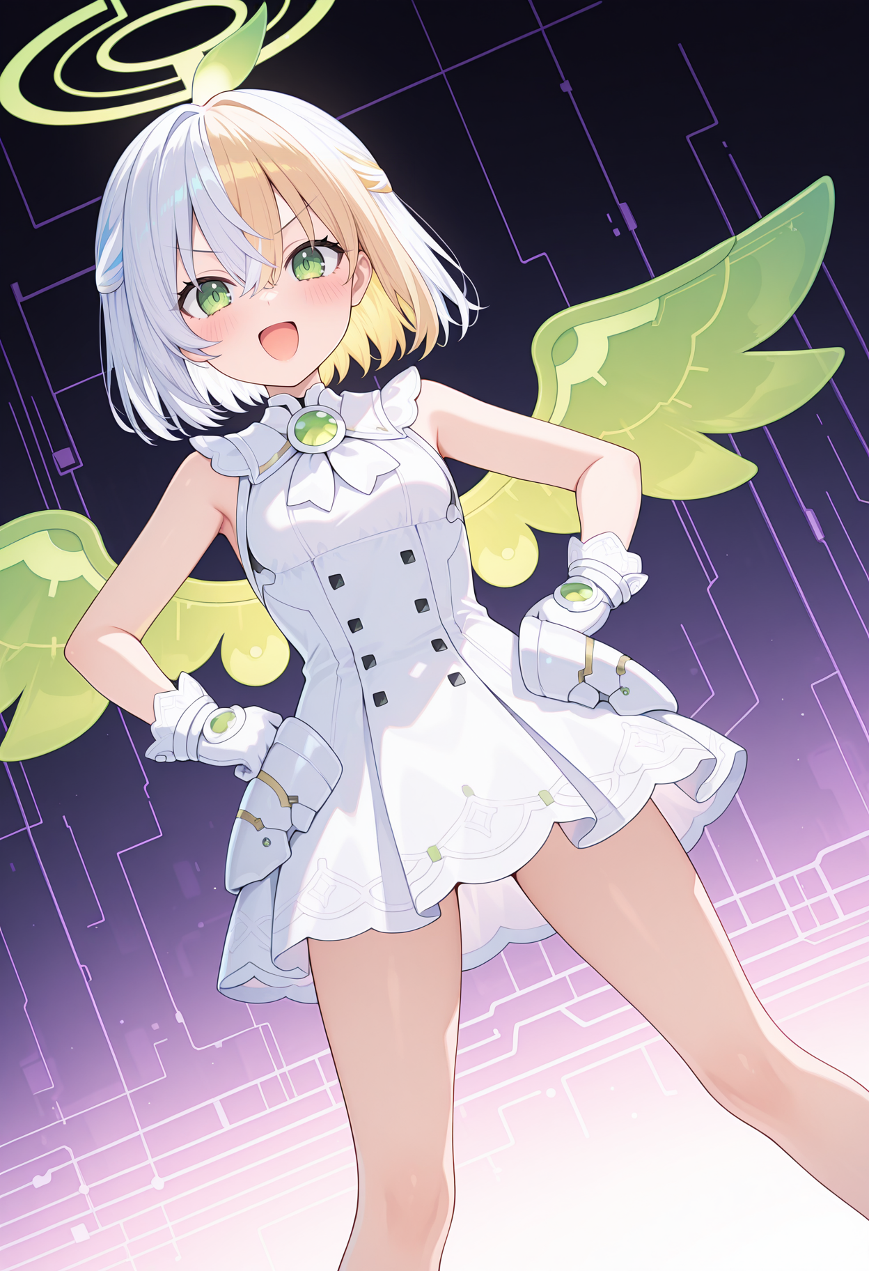 highres, best quality, masterpiece, circuit background,
1girl, solo
npipcpu, two-tone hair, hair between eyes, blonde hair, white hair, green eyes, white dress, halo, white ribbon, sleeveless dress, white gloves, green wings,
looking at viewer, blush,
v-shaped eyebrows, 
standing, legs apart, hands on own hips, dutch angle, smile, open mouth, 
<lora:_pippih_nep-elesico-ilxl-000012:1>