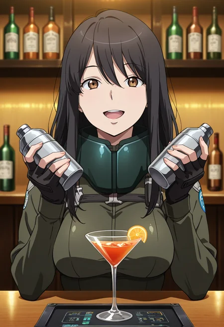 masterpiece, best quality, amazing quality, very aesthetic, absurdres, newest, illustration, perfect composition, intricate details, highres, anime coloring, 1girl, solo, yukiww, mature female, brown eyes, black hair, long hair, bangs, hair between eyes, aldnoahsuit, breasts, neck guard, black fingerless gloves, black combat boots, <lora:Kaizuka_Yuki_Aldnoah_Zero_ill_v1.1:1>, cocktail glass, cocktail shaker, hands up, holding, smile, teeth, upper teeth only, open mouth, :d, looking at viewer, upper body, pov counter view, indoors, bar \(place\), bartender, bottle, cup, drinking glass, shelf, counter, shiny body, shiny skin, skindentation, clear skin, shiny hair, ultra detailed eyes, depth of field, sharp, intricate details, hyperdetailed, ultra-detailed, detailed clothing folds, high contrast, dynamic light