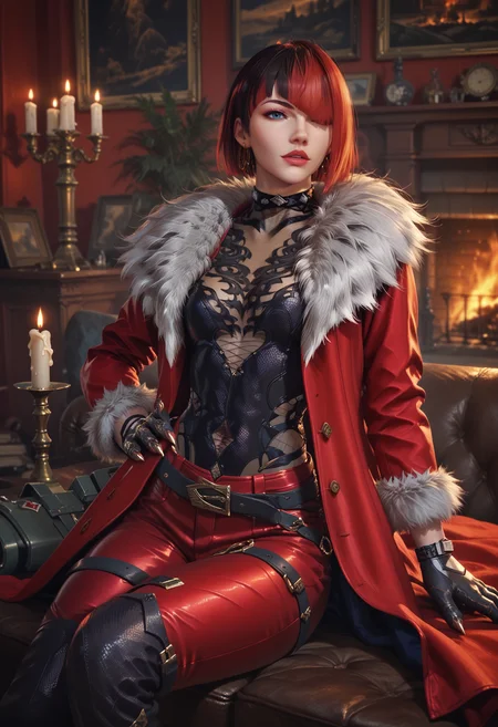 (score_9, score_8_up), score_7_up, <lora:PonyAnn4W:1> Ann4W, 1girl, red coat, pants, belt, gloves, claws, sitting, living room, candles, fireplace,